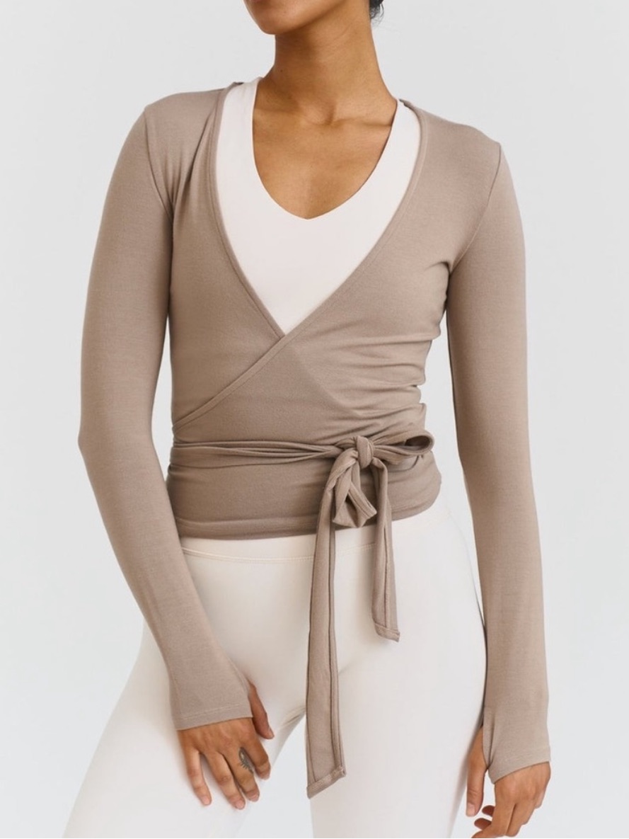 Sisterly Tribe Clay Brown Soft Ballet Wrap Long Sleeve Lightweight Yoga Top